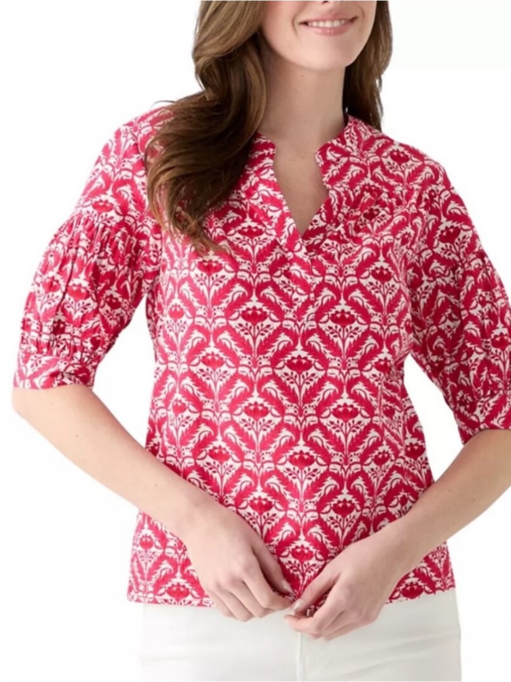 NWT philosophy red floral Patterned Split-Neck Top 100% cotton size medium